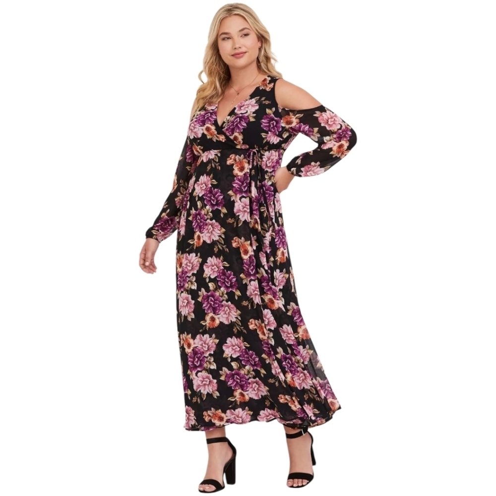 Torrid Black Floral Chiffon Cold Shoulder Midi‎  Dress Size 3